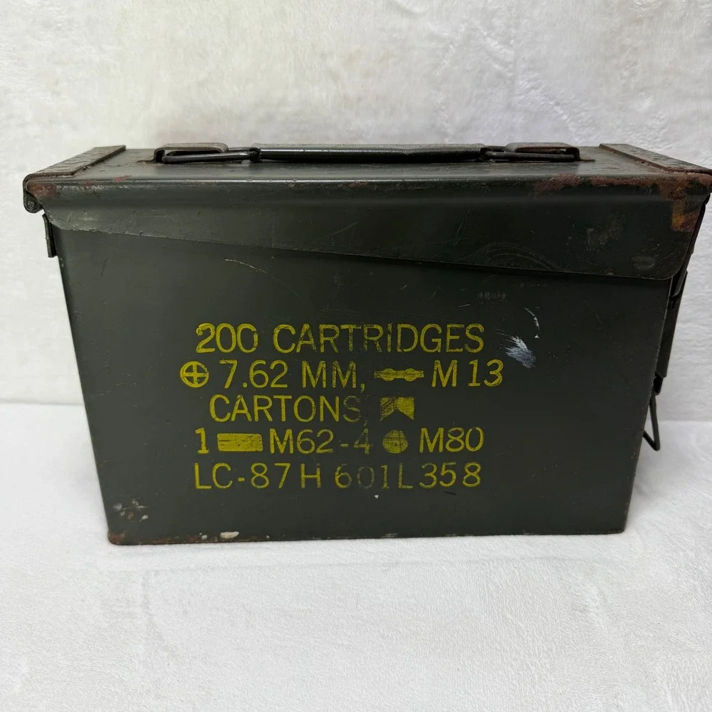 Vintage US Military Steel Ammo Can Olive Drab Metal Storage Box Latch Lid Handle